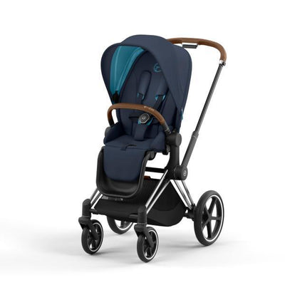 Carrinho de bebê Cybex Priam 4 - Estrutura cromada/marrom e assento azul náutico