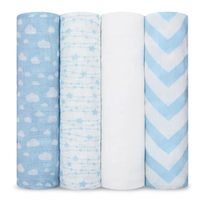 Comfy Cubs Baby Muslin Swaddle Blankets 4 Pack Blue - Luna Baby Store Miami