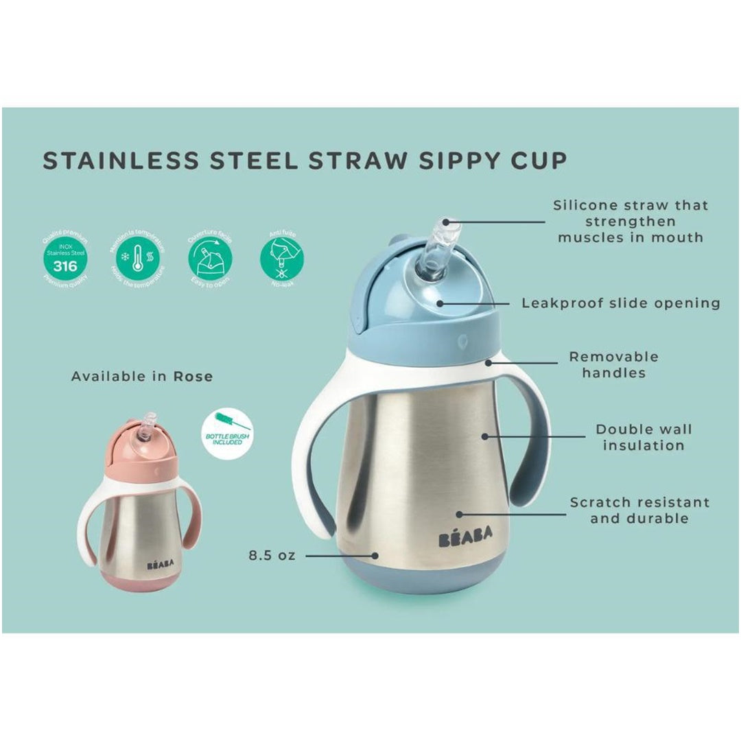 Beaba - copo com canudinho de palha de aço inoxidável, rosa