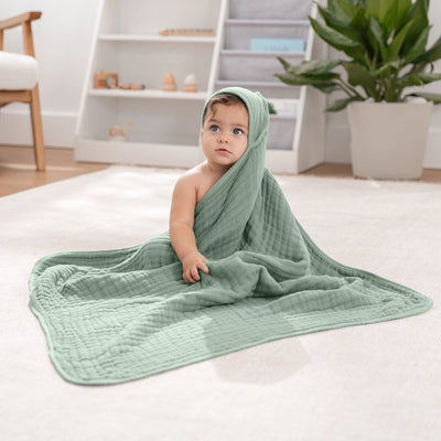 Comfy Cubs Hooded Baby Towel 2 pack 100% Muslin Cotton - Pacific Blue and Fern