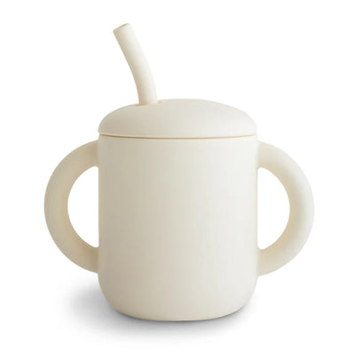 Copo Infantil Mushie Com Alças e Canudo Ivory