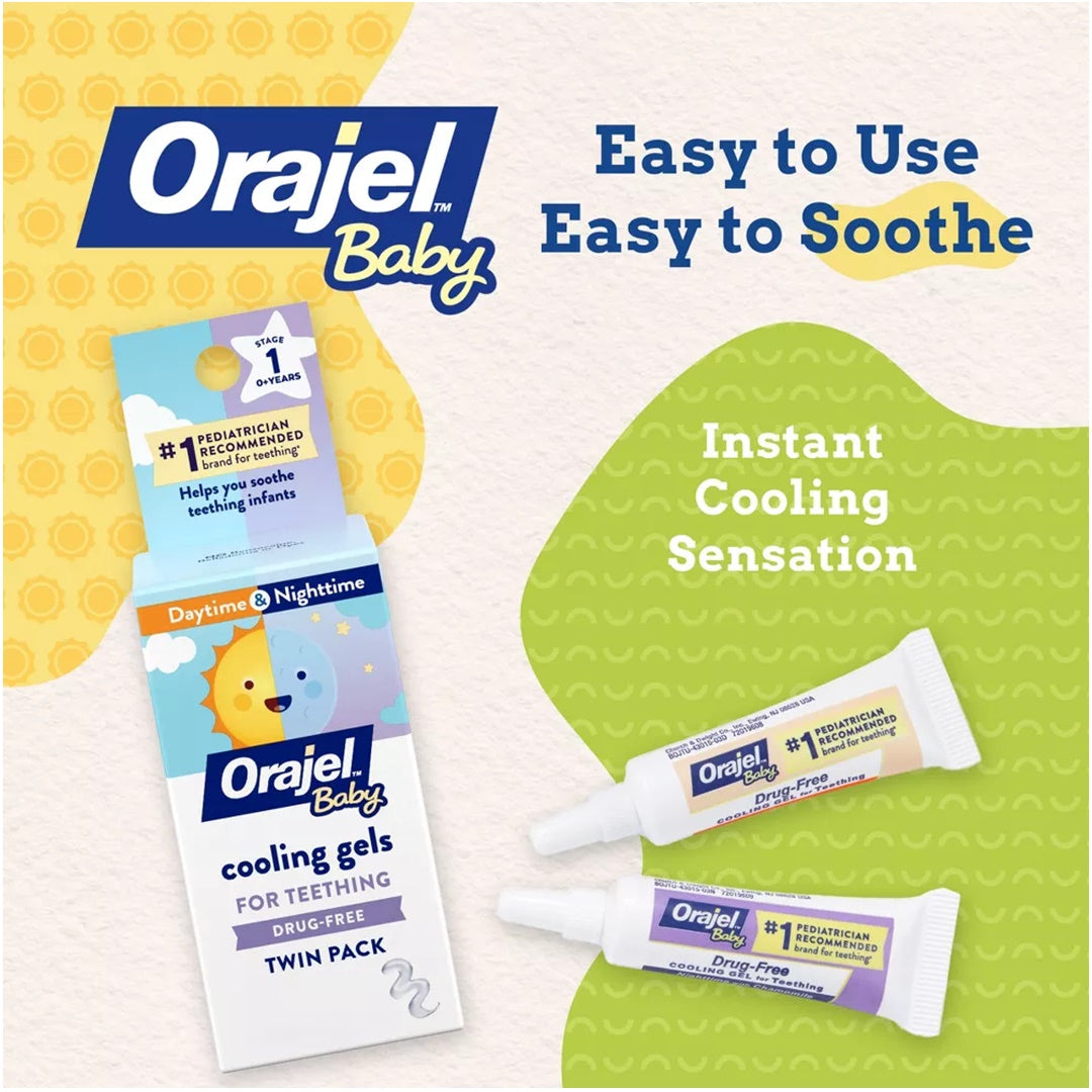 Orajel Baby Gel refrescante diurno e noturno para dentição, sem medicamentos, marca nº 1 recomendada por pediatras para dentição*, dois tubos de 0,18 oz