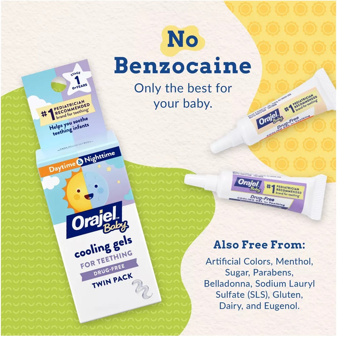 Orajel Baby Gel refrescante diurno e noturno para dentição, sem medicamentos, marca nº 1 recomendada por pediatras para dentição*, dois tubos de 0,18 oz
