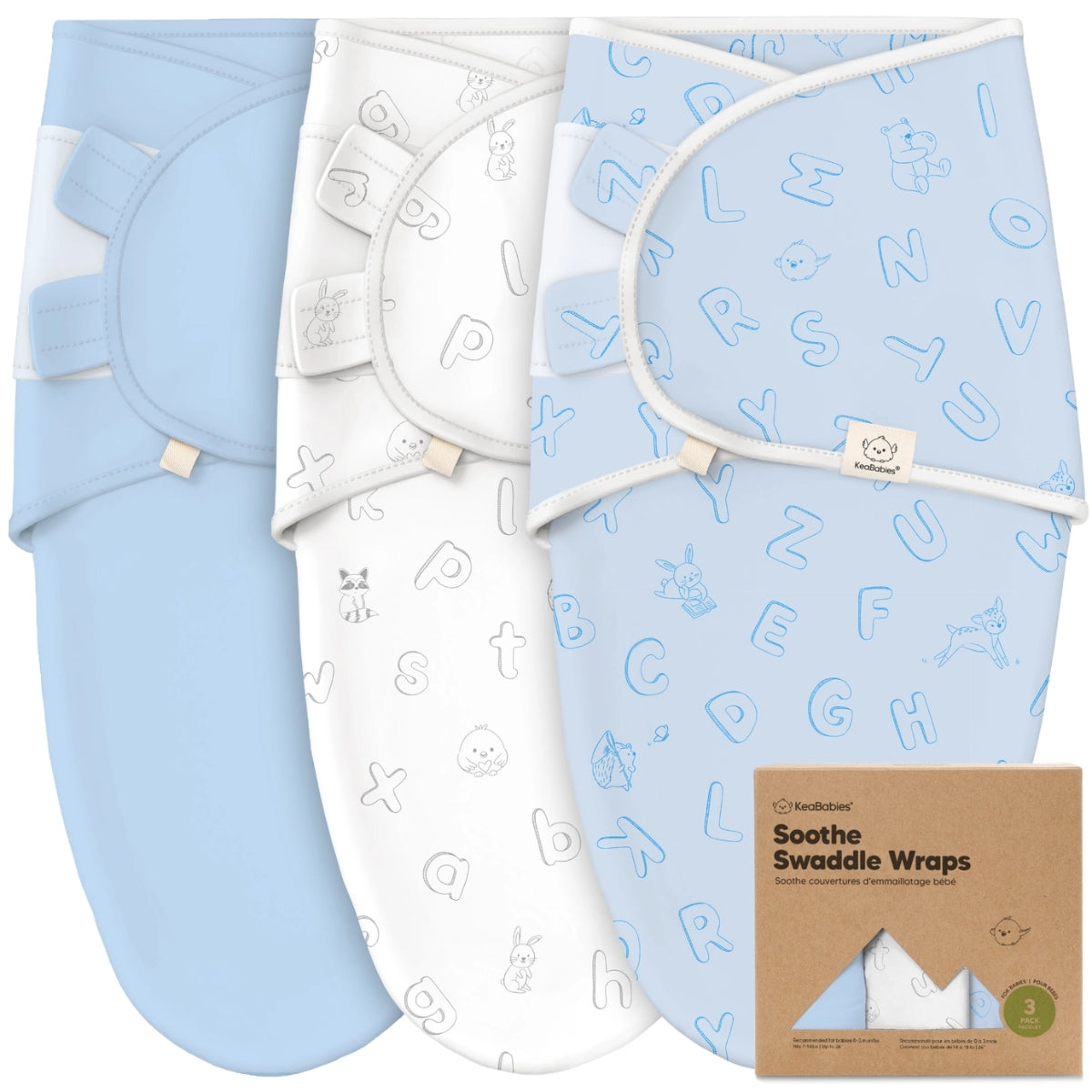 KeaBabies 3pk Soothe Baby Swaddles 0-3 Months, Sleep Sack for Newborns ABC Land Cloud
