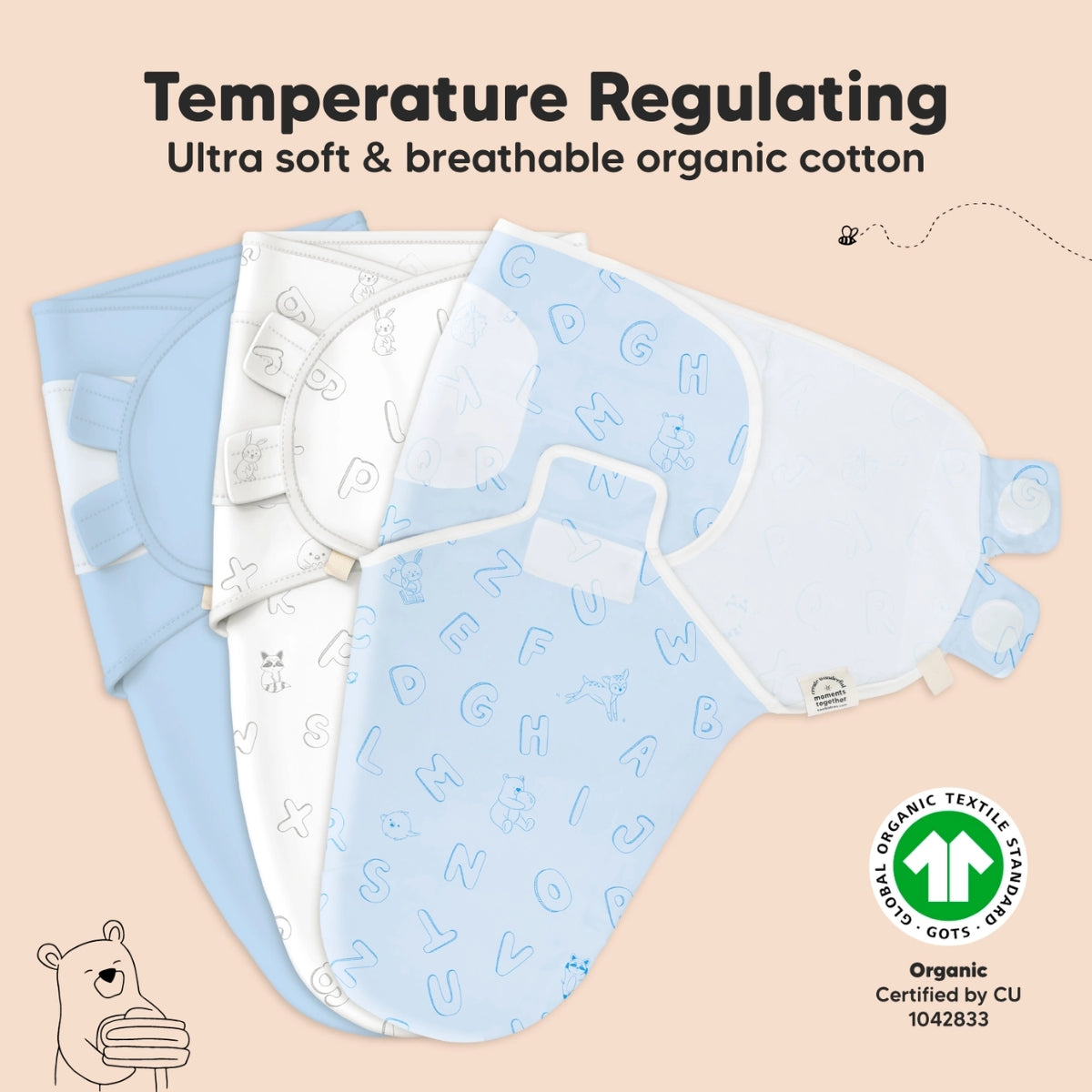KeaBabies 3pk Soothe Baby Swaddles 0-3 Months, Sleep Sack for Newborns ABC Land Cloud