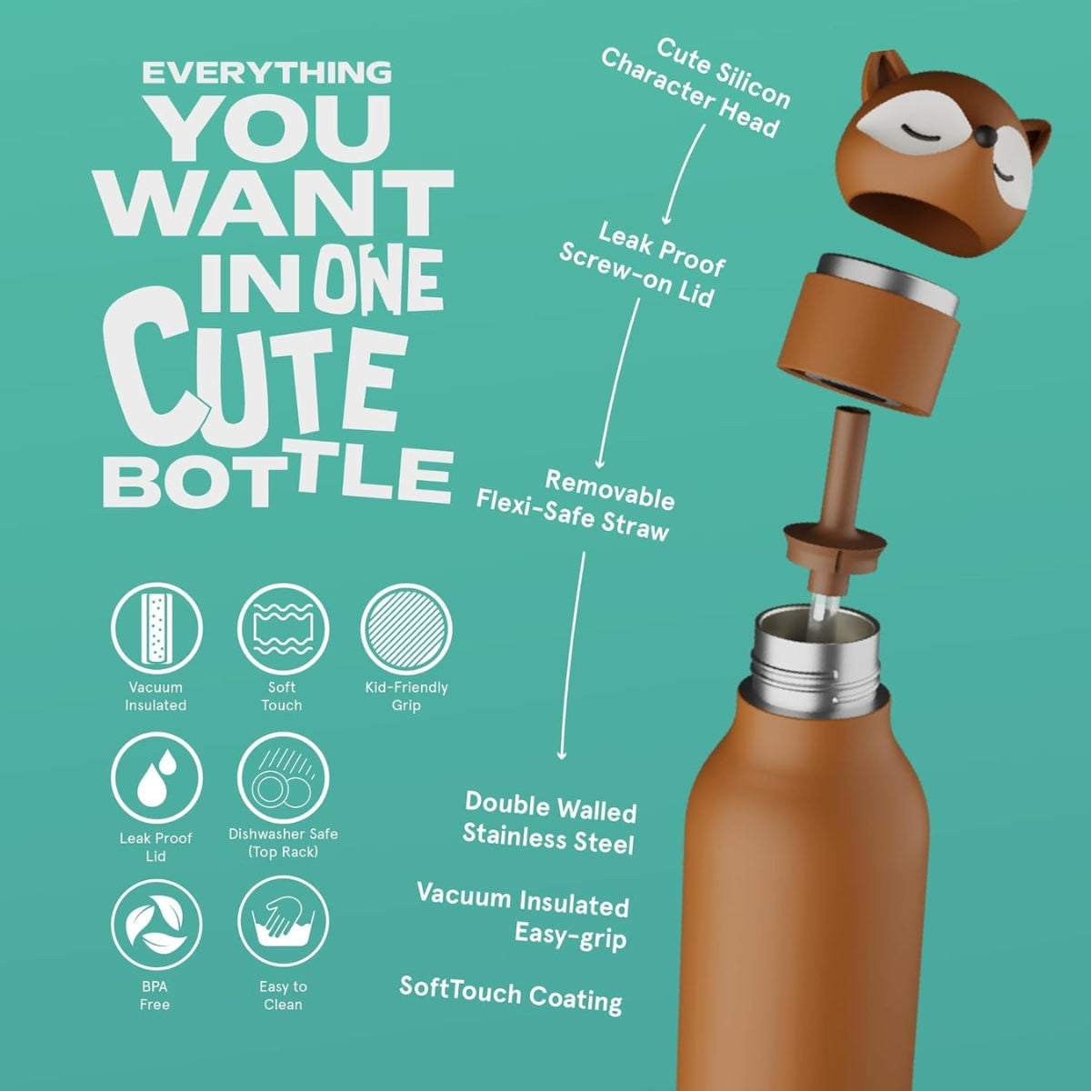 Asobu - Stainless Steel Bottle Silicone Head Fox