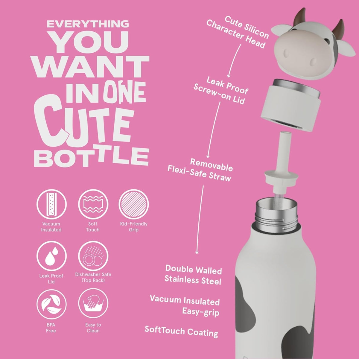 Asobu - Stainless Steel Bottle Silicone Head Cow