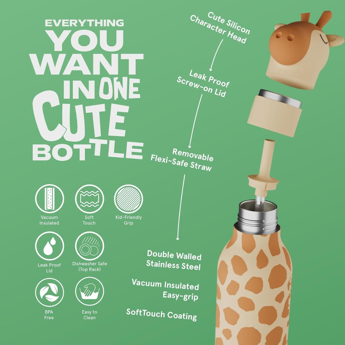 Asobu - Stainless Steel Bottle Silicone Head Giraffe