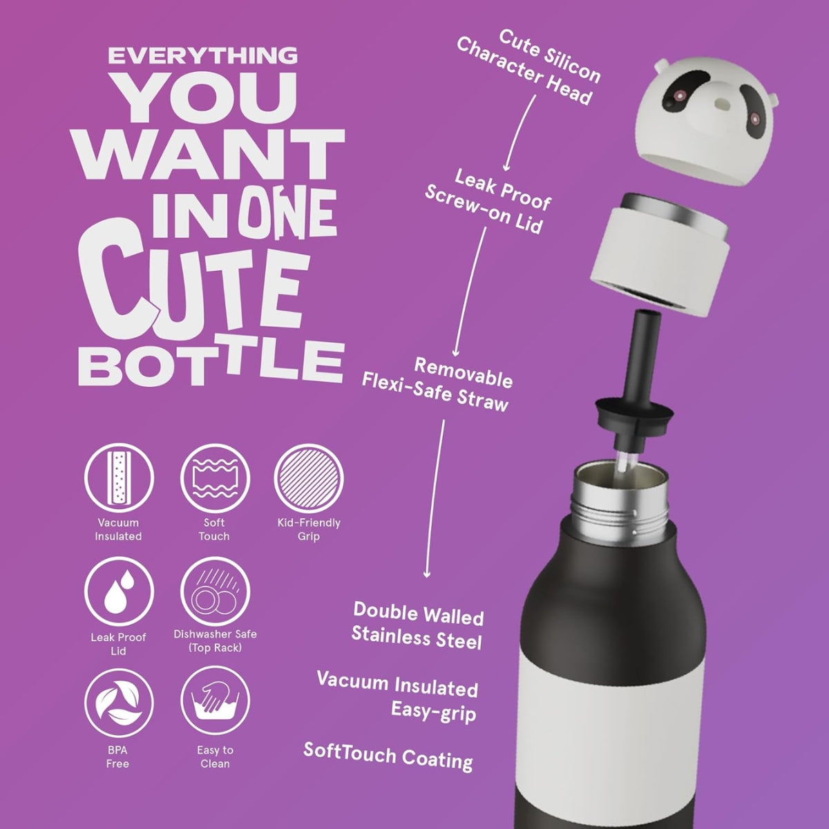 Asobu - Stainless Steel Bottle Silicone Head Panda