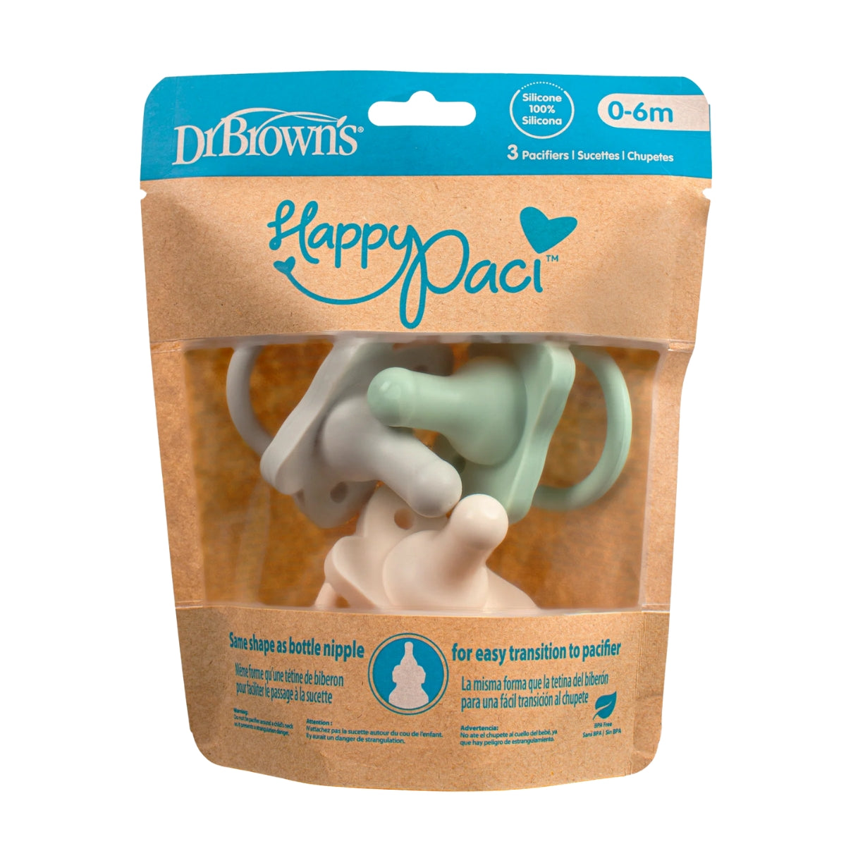 Chupeta HappyPaci 100% silicone Dr. Brown's - 0-6 meses - pacote com 3 - Verde/Creme/Cinza