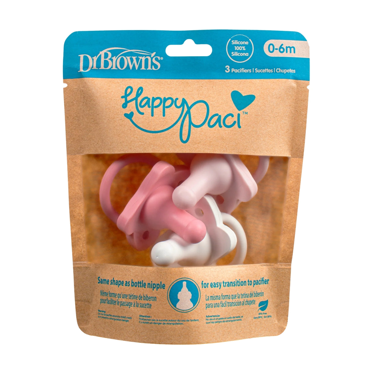 Chupeta HappyPaci 100% silicone Dr. Brown's - 0-6 meses - pacote com 3 - Rosa claro/Rosa/Branco