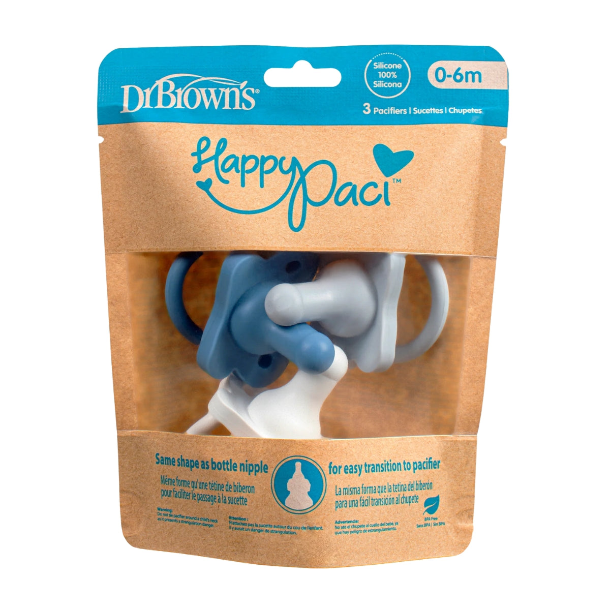 Chupeta HappyPaci 100% silicone Dr. Brown's - 0-6 meses - pacote com 3 - Azul/Branco/Azul claro