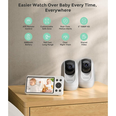 Monitor de Bebê Inteligente de Modo  Duplo de 5 Polegadas Momcozy Com 2 Câmeras -BM04