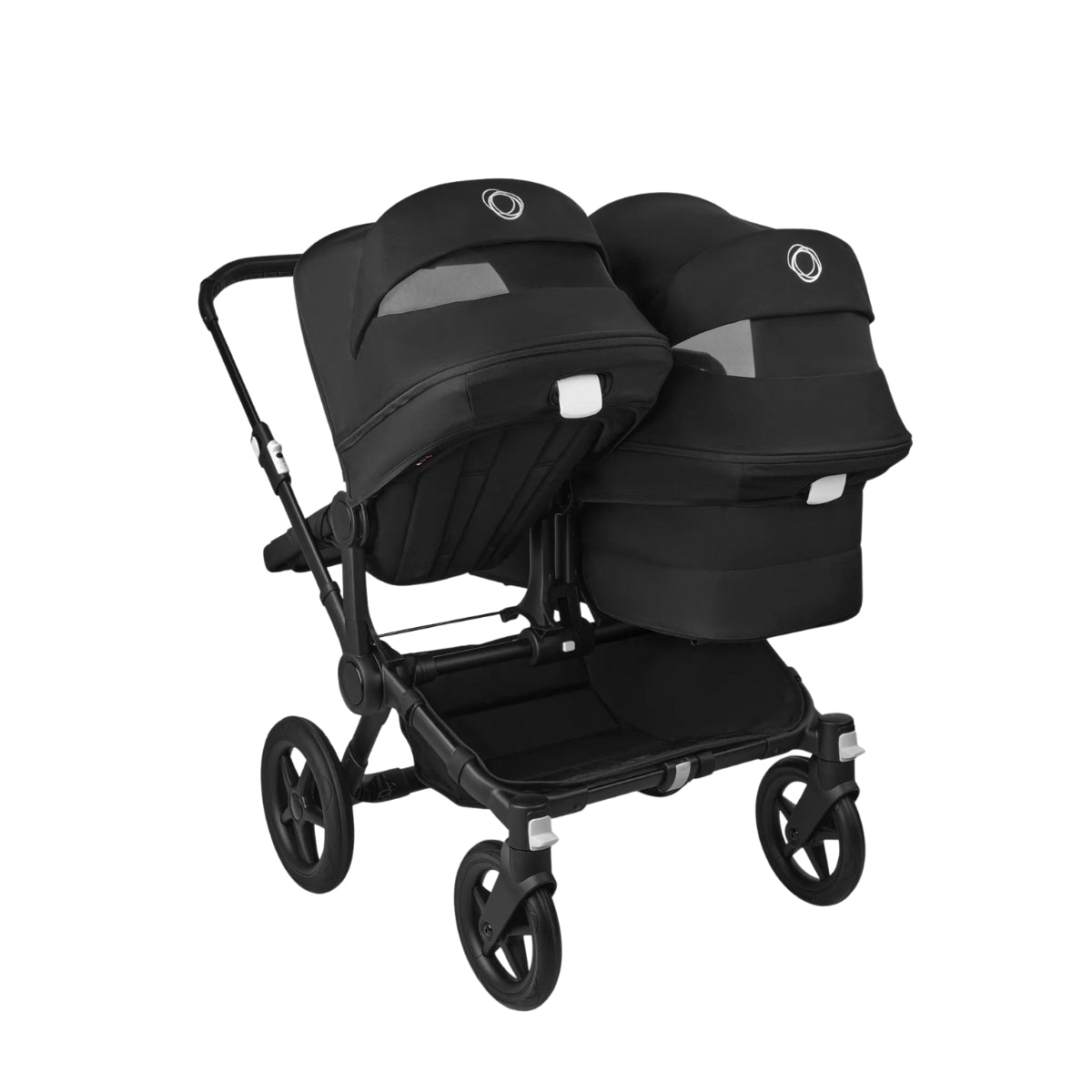 Carrinho de bebê duplo Bugaboo Donkey 5 Duo - Capota solar preta meia-noite, tecidos pretos meia-noite, chassi preto