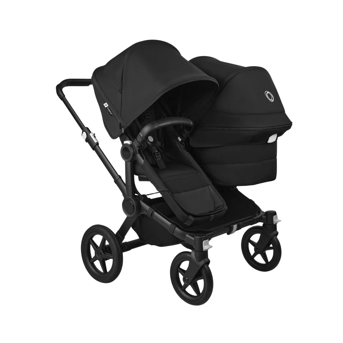 Carrinho de bebê duplo Bugaboo Donkey 5 Duo - Capota solar preta meia-noite, tecidos pretos meia-noite, chassi preto