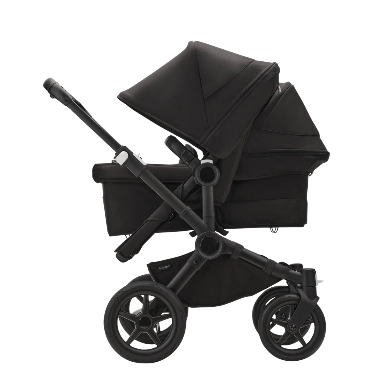 Carrinho de bebê duplo Bugaboo Donkey 5 Duo - Capota solar preta meia-noite, tecidos pretos meia-noite, chassi preto
