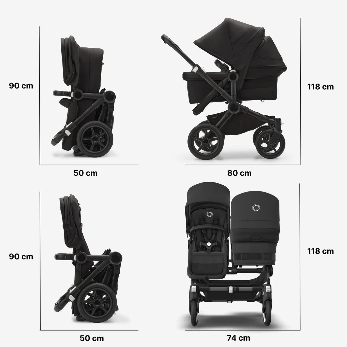 Carrinho de bebê duplo Bugaboo Donkey 5 Duo - Capota solar preta meia-noite, tecidos pretos meia-noite, chassi preto