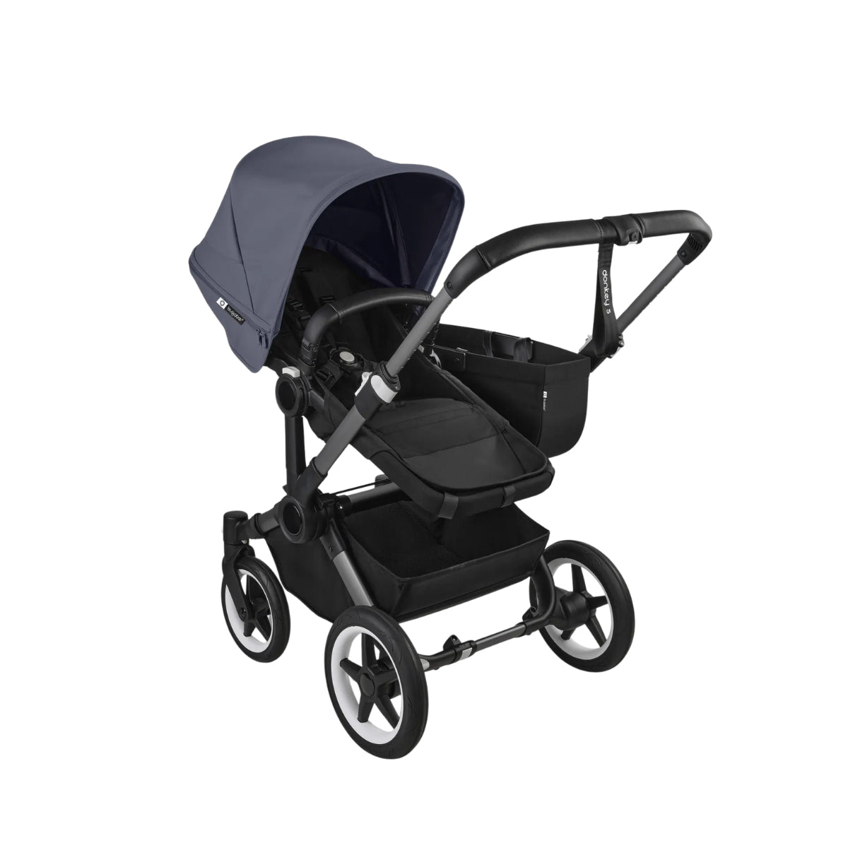 Carrinho de bebê Bugaboo Donkey 5 Mono 2 em 1 - Capota solar azul tempestuosa, tecidos pretos meia-noite, chassi grafite
