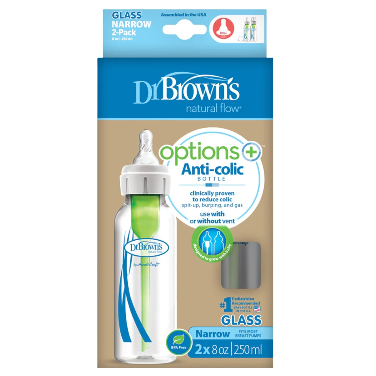Dr. Brown's - 8Oz Options+ Glass Narrow Baby Bottle, 1Pk