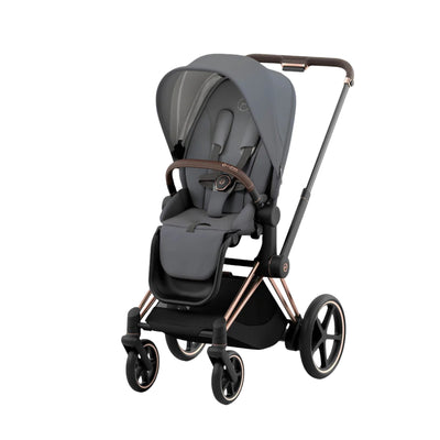 Carrinho de bebê Cybex E-Priam 2 - Estrutura em ouro rosa/marrom e assento cinza Soho