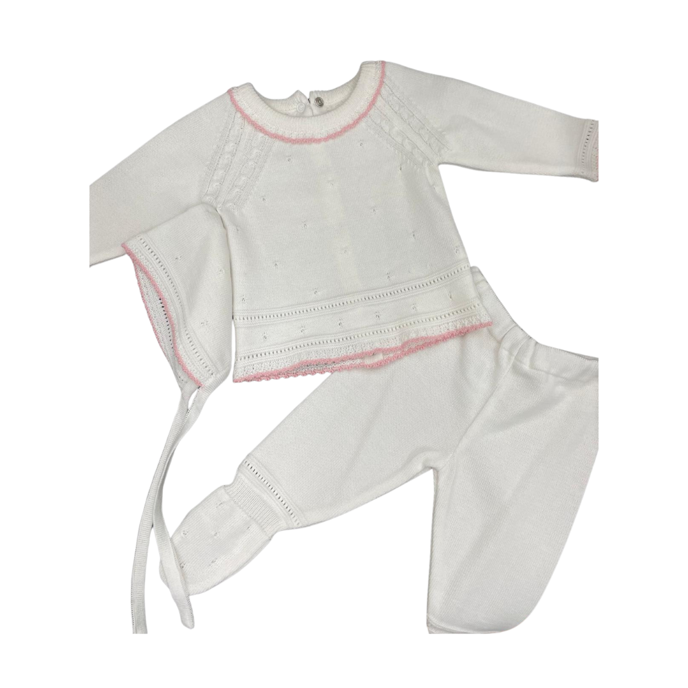 Newborn 3 Piece Knitted Embroidered Set - White/Pink on Luna Baby Store Miami