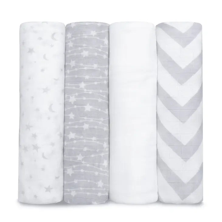 Comfy Cubs Baby Muslin Swaddle Blankets 4 Pack Grey - Luna Baby Store Miami