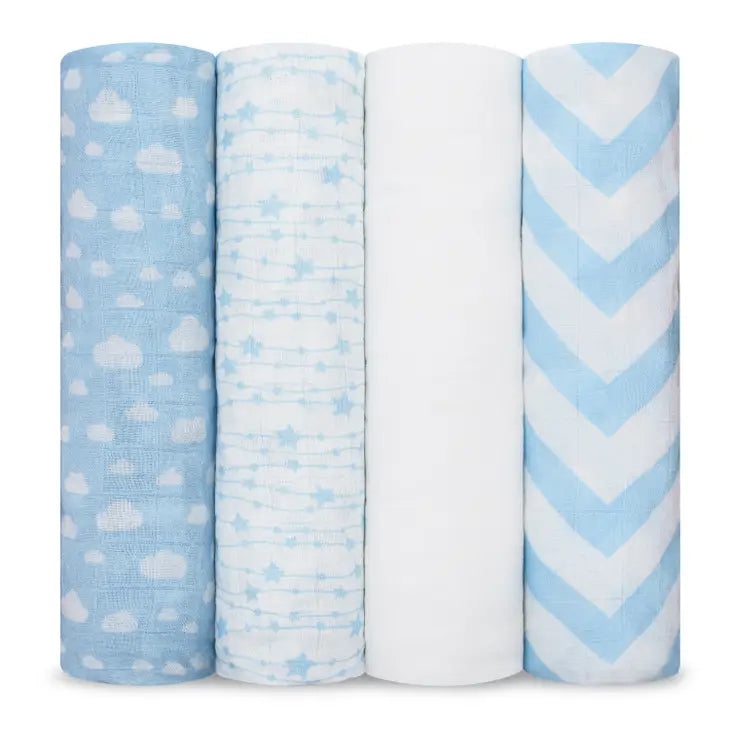 Comfy Cubs Baby Muslin Swaddle Blankets 4 Pack Blue on Luna Baby Store Miami
