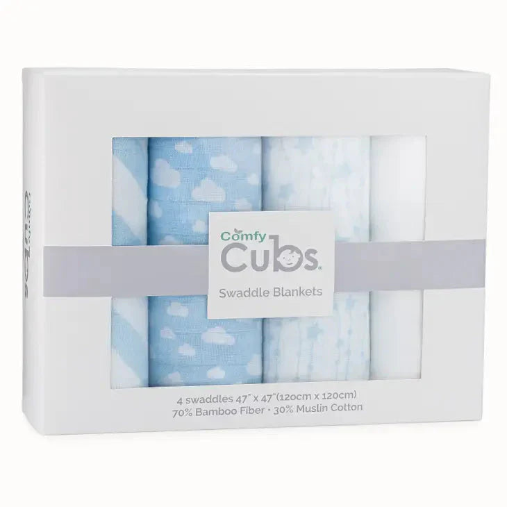 Comfy Cubs Baby Muslin Swaddle Blankets 4 Pack Blue on Luna Baby Store Miami