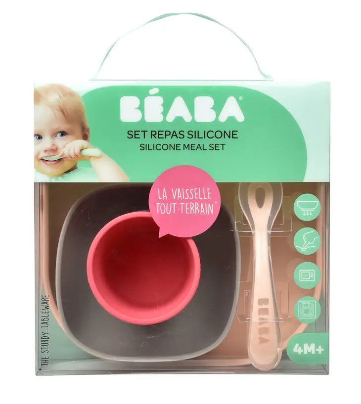 Beaba Silicone Suction Meal Set - Set of 4 - Rose - Luna Baby Store Miami