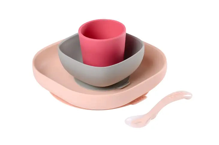 Beaba Silicone Suction Meal Set - Set of 4 - Rose - Luna Baby Store Miami