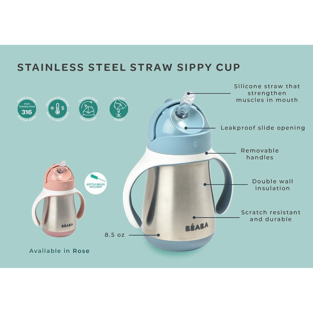 Beaba Stainless Steel Straw Sippy Cup - Terracota on Luna Baby Store Miami