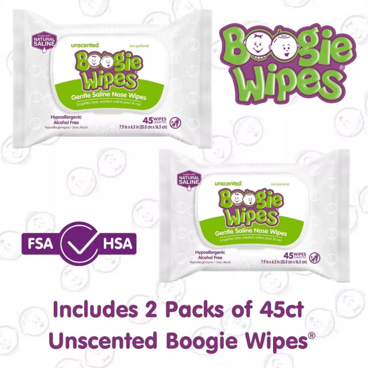 Lenços Umedecidos Com Soro Fisiológico para Nariz do Bebê Boogie Wipes Sem Perfume Com 2 Pacotes de 45 Unidades on Luna Baby Store Miami