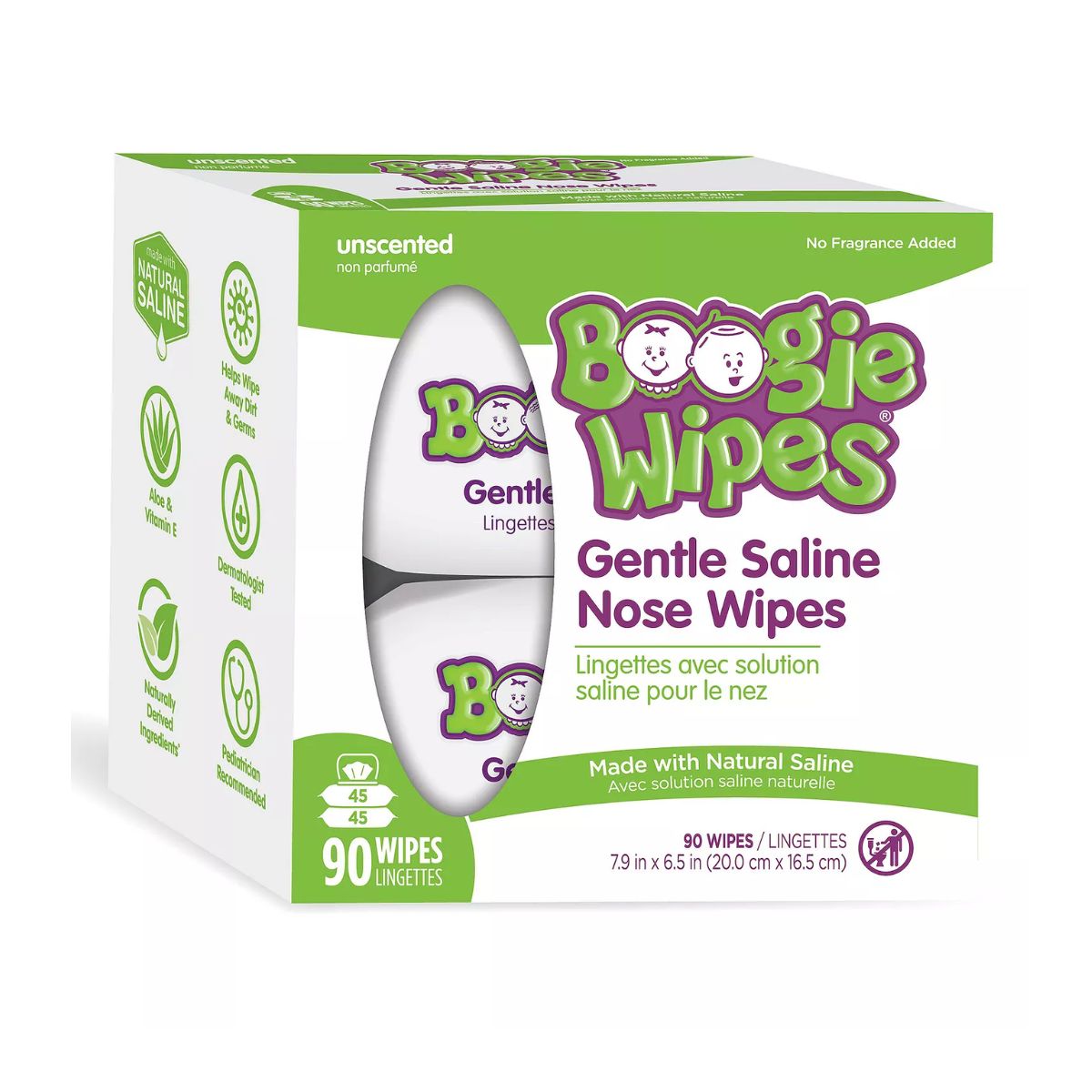 Lenços Umedecidos Com Soro Fisiológico para Nariz do Bebê Boogie Wipes Sem Perfume Com 2 Pacotes de 45 Unidades