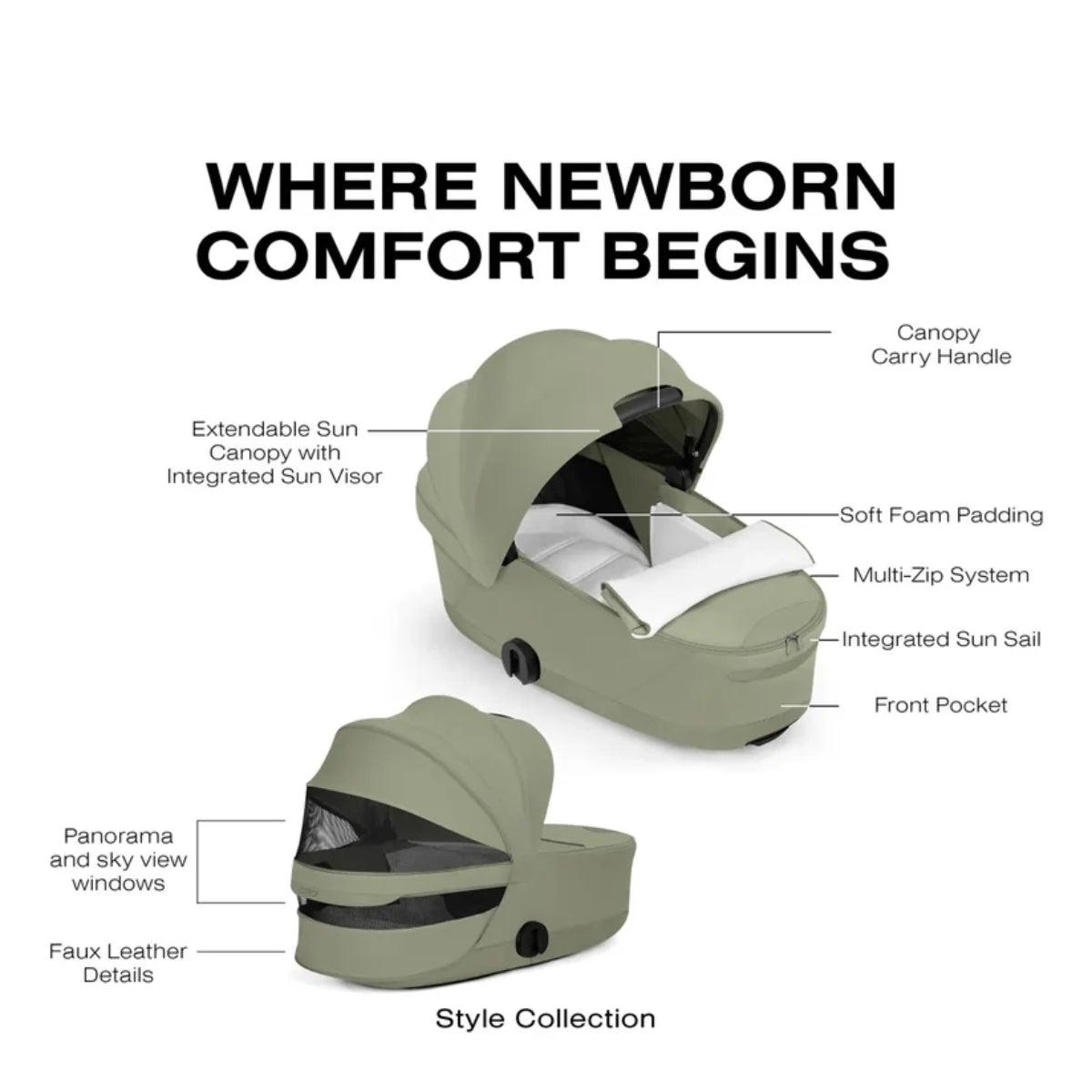 CYBEX PRIAM Fold Lux Carry Cot - Style Collection Sage Green