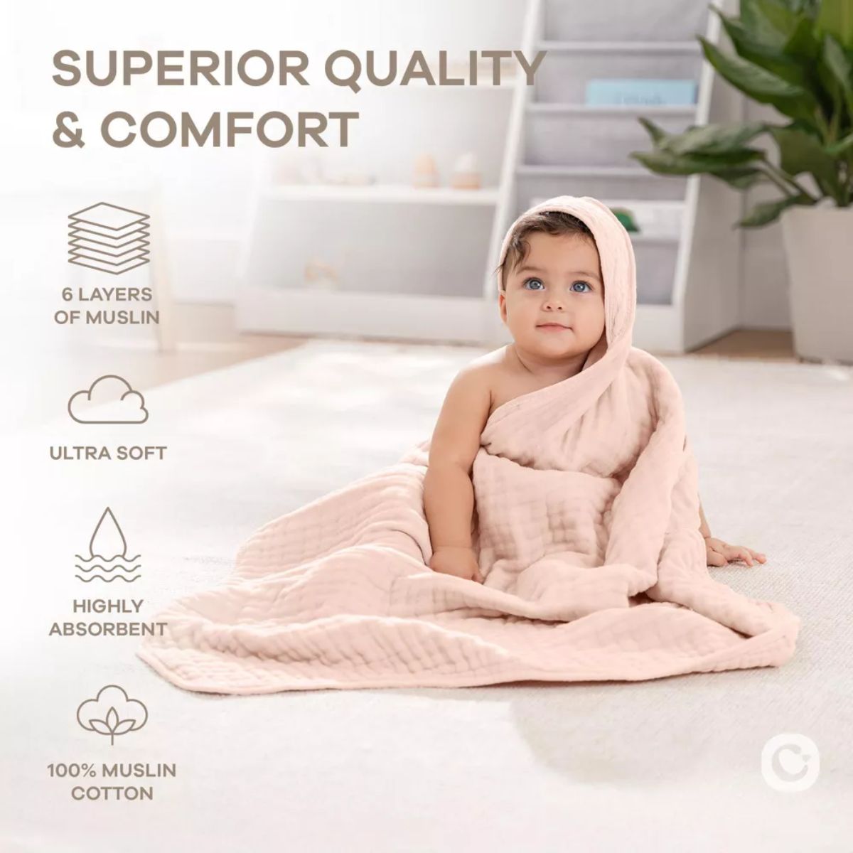 Comfy Cubs Hooded Baby Towel 2 pack 100% Muslin Cotton - Blush on Luna Baby Store Miami
