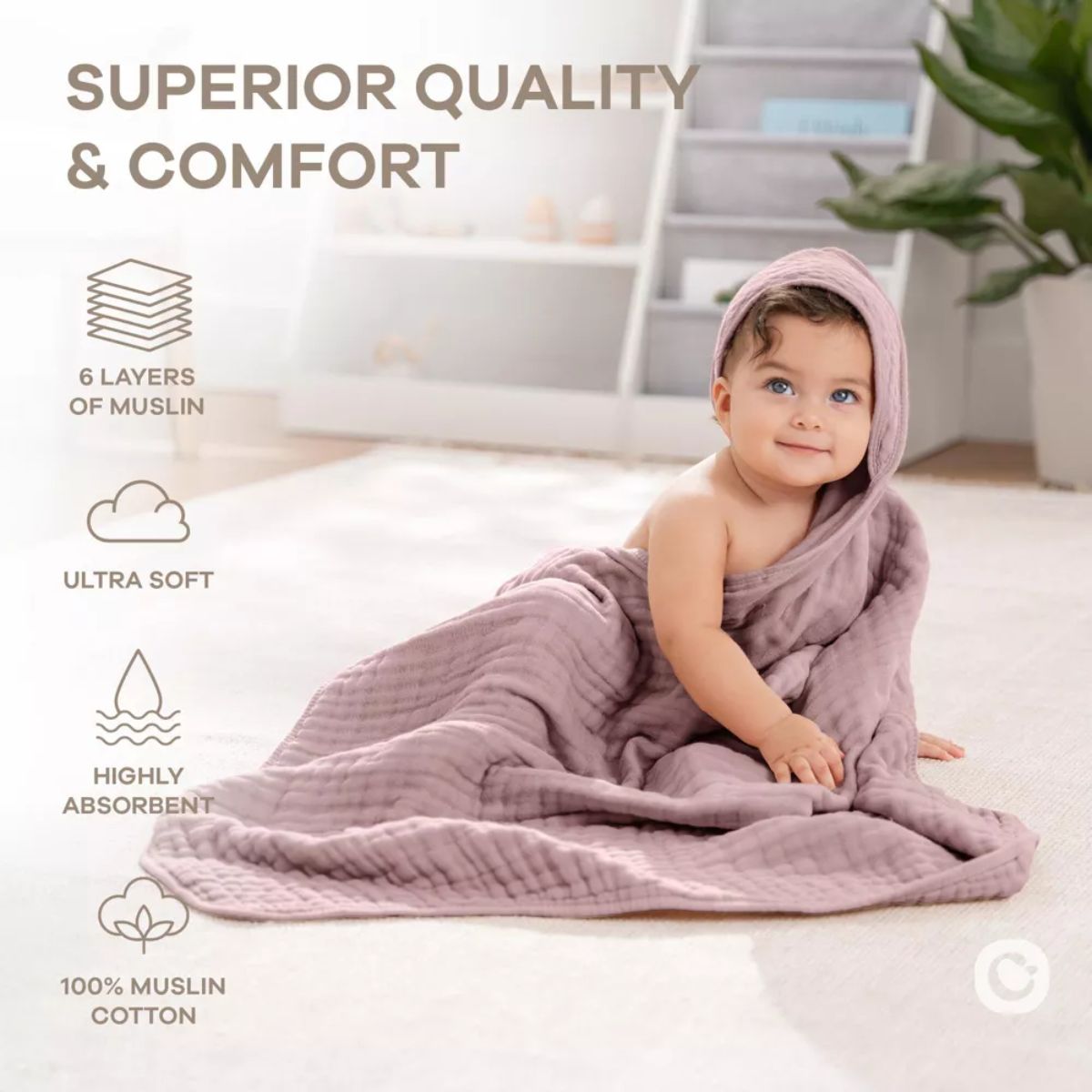 Comfy Cubs Hooded Baby Towel 2 pack 100% Muslin Cotton - Mauve