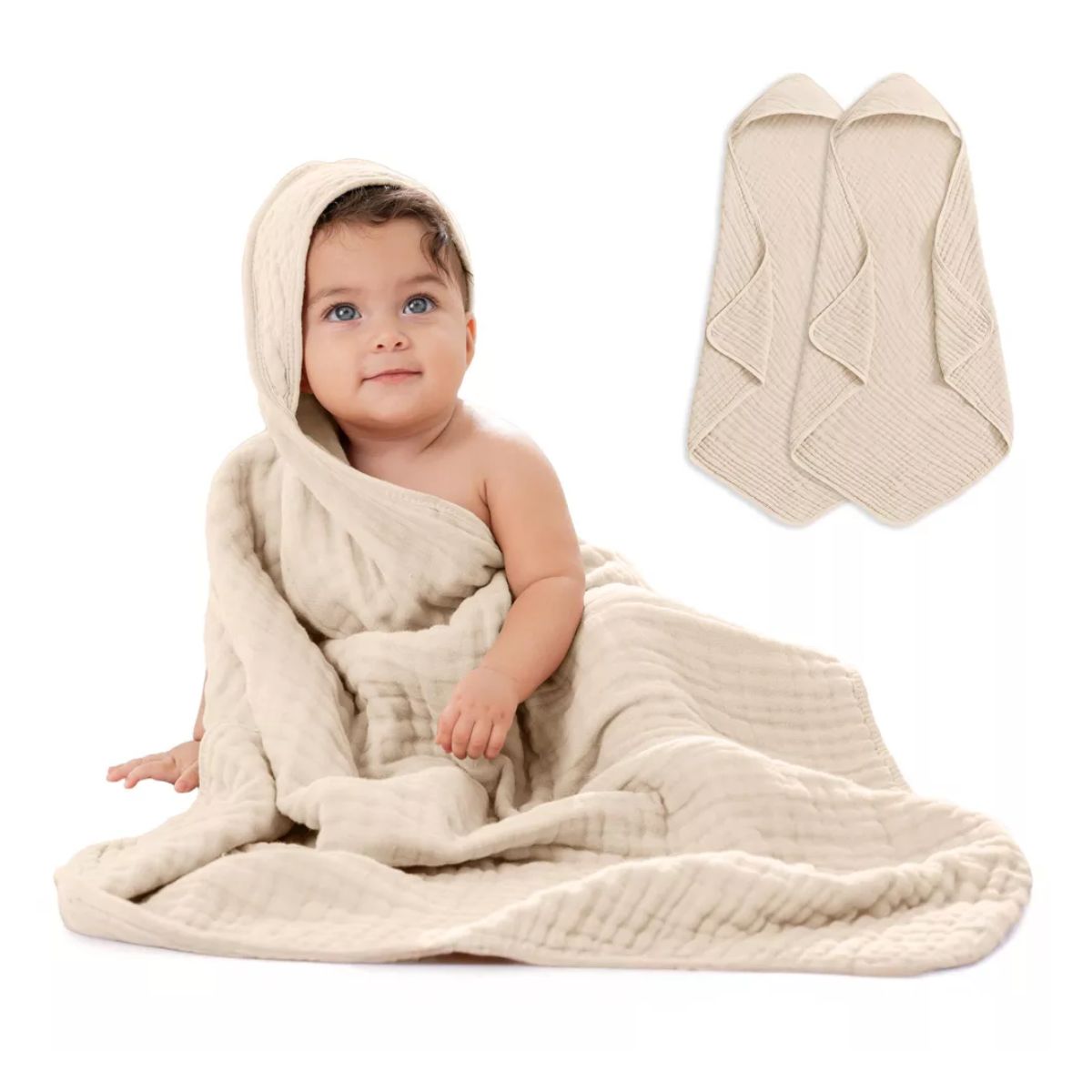 Comfy Cubs Hooded Baby Towel 2 pack 100% Muslin Cotton  - Sand on Luna Baby Store Miami