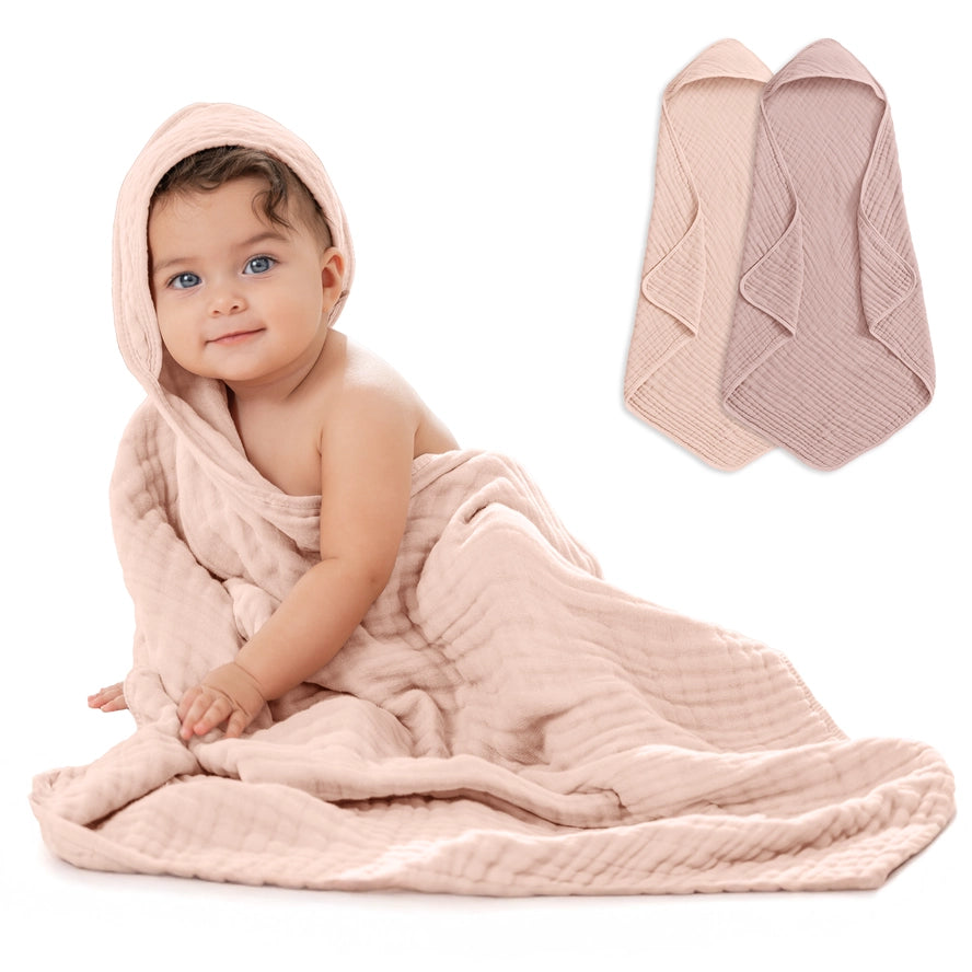 Comfy Cubs Hooded Baby Towel 2 pack 100% Muslin Cotton - Mauve And Blush on Luna Baby Store Miami