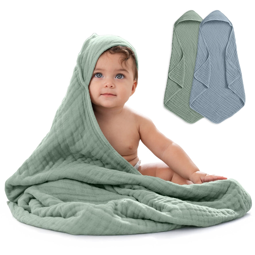 Comfy Cubs Hooded Baby Towel 2 pack 100% Muslin Cotton - Pacific Blue and Fern on Luna Baby Store Miami