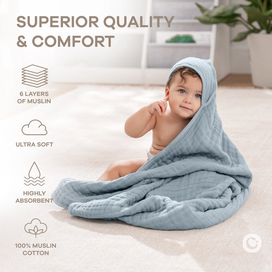 Comfy Cubs Hooded Baby Towel 2 pack 100% Muslin Cotton - Pacific Blue and Fern on Luna Baby Store Miami
