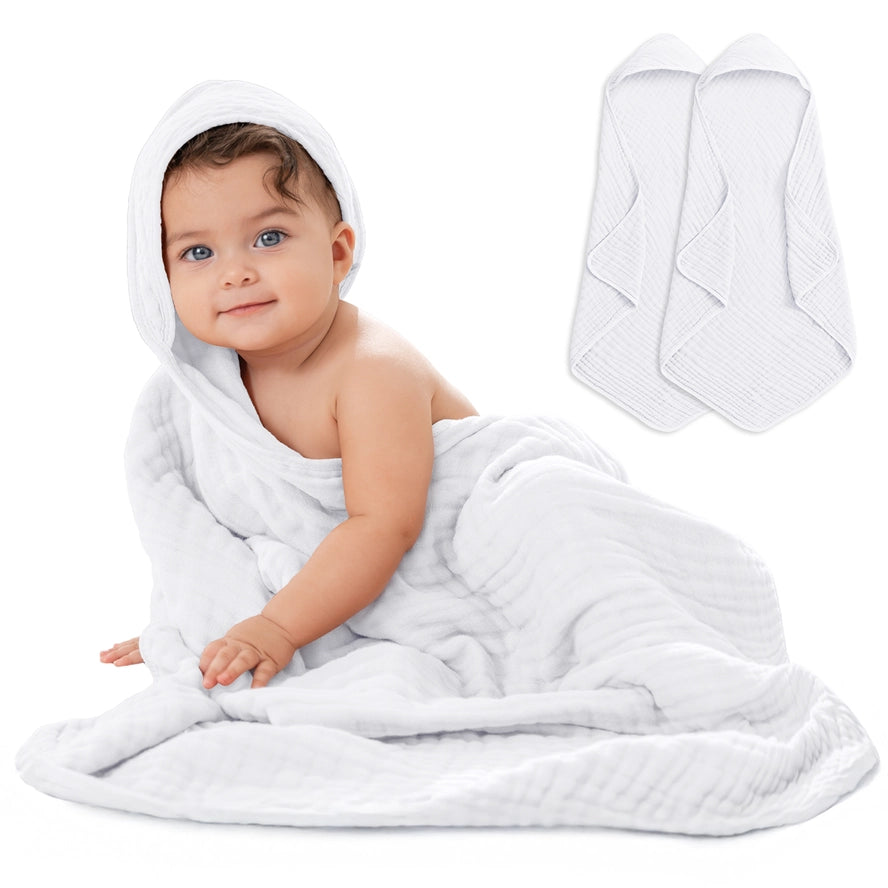 Comfy Cubs Hooded Baby Towel 2 pack 100% Muslin Cotton  - White on Luna Baby Store Miami