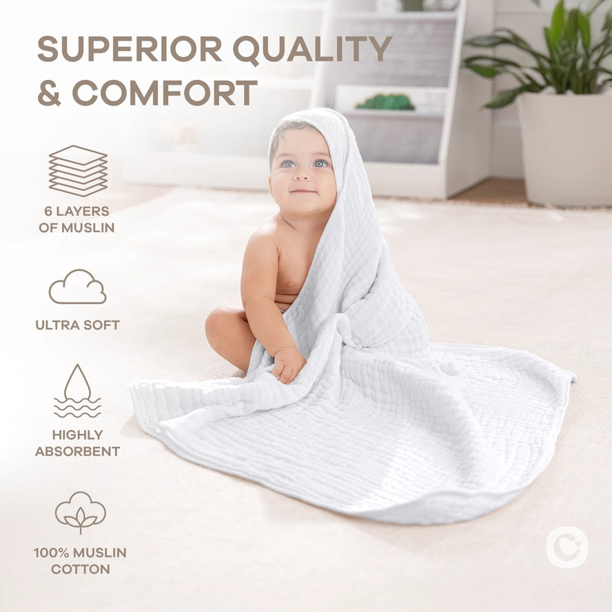 Comfy Cubs Hooded Baby Towel 2 pack 100% Muslin Cotton  - White on Luna Baby Store Miami