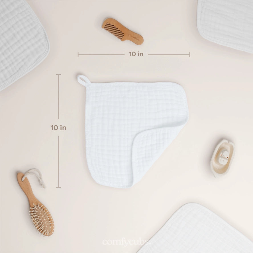 Comfy Cubs Muslin Baby Washcloths, Soft 10"x10" Cotton - White on Luna Baby Store Miami