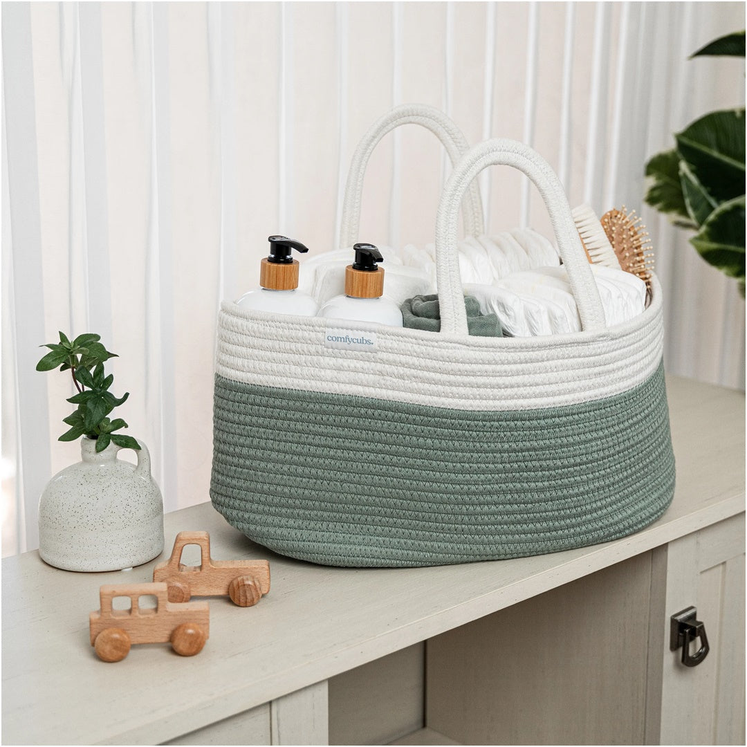 Comfy Cubs Rope Diaper Caddy - Sage on Luna Baby Store Miami