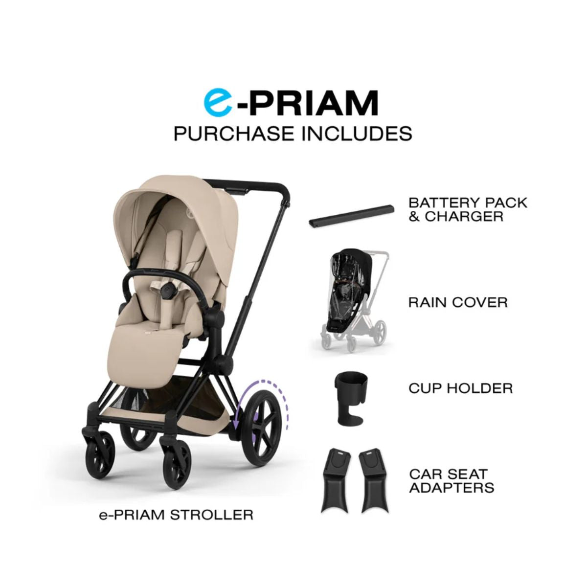 Cybex E-Priam Stroller - Matte Black Frame/Cozy Beige Lux Seat
