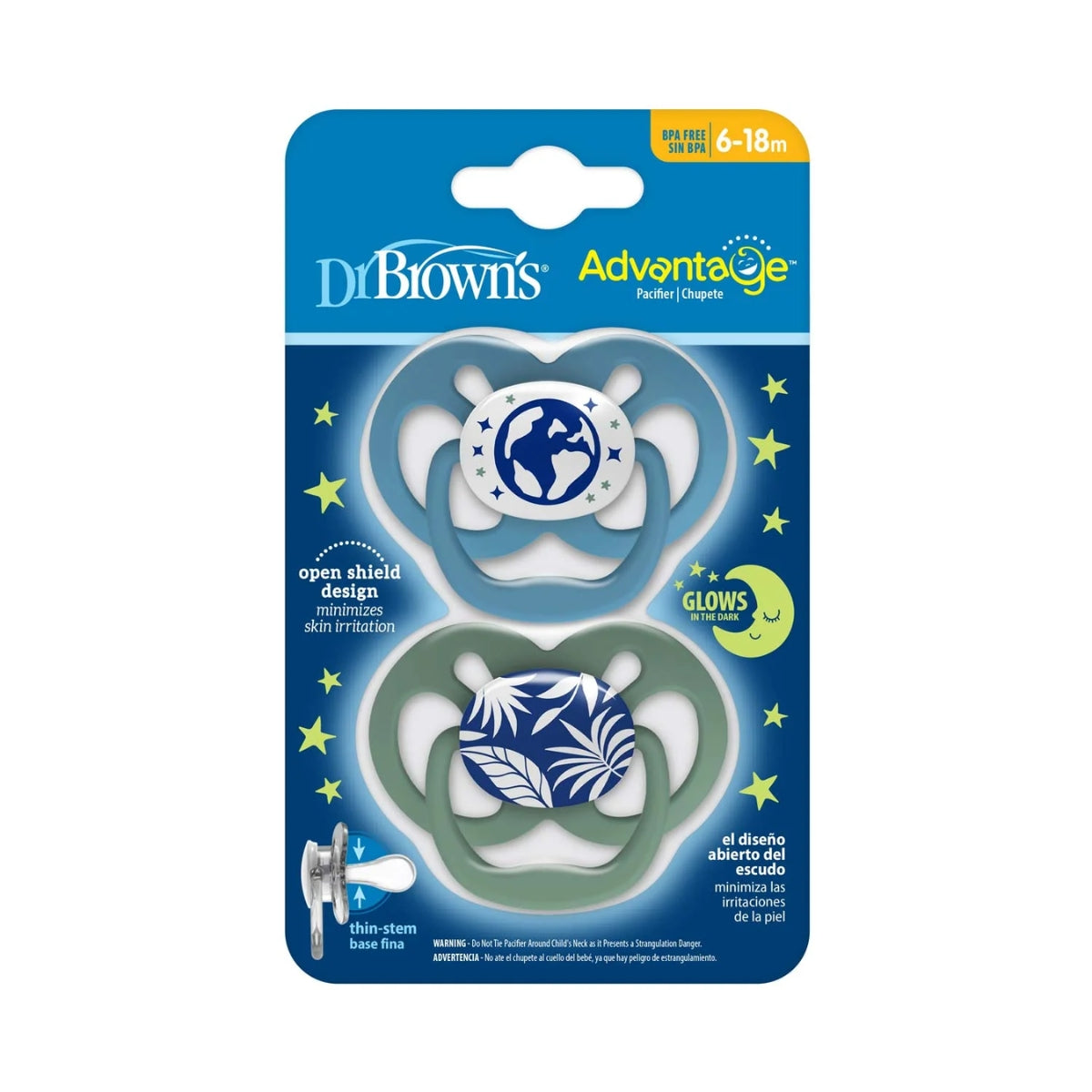 Dr. Brown’s Advantage Glow-in-the-Dark Pacifiers 6-18M Pack of 2 Blue Nature