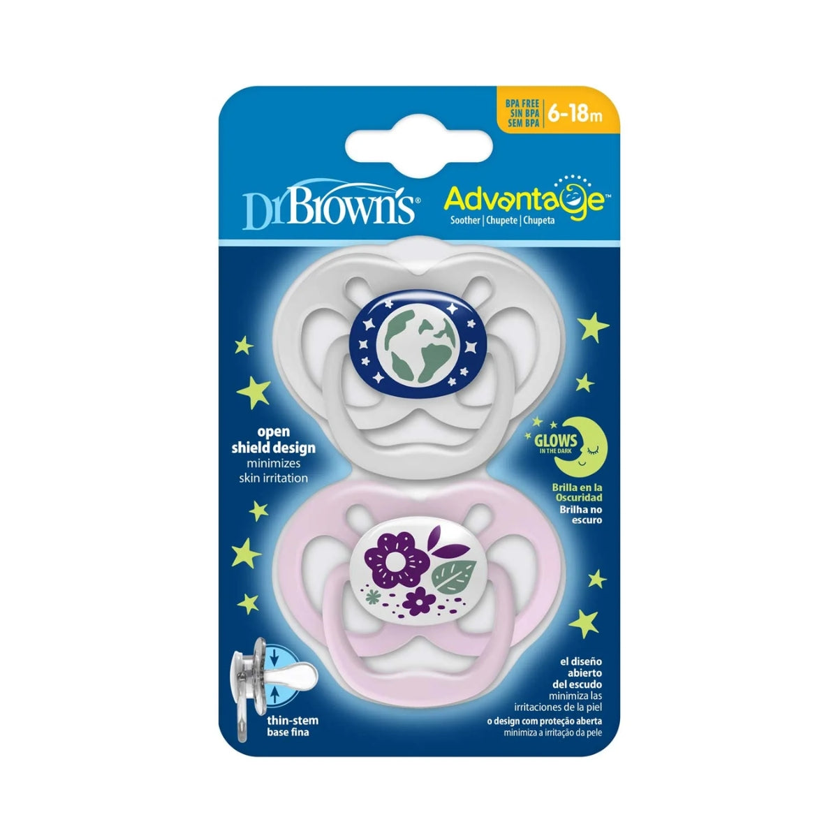 Dr. Brown’s Advantage Glow-in-the-Dark Pacifiers 6-18M Pack of 2 Purple Nature on Luna Baby Store Miami