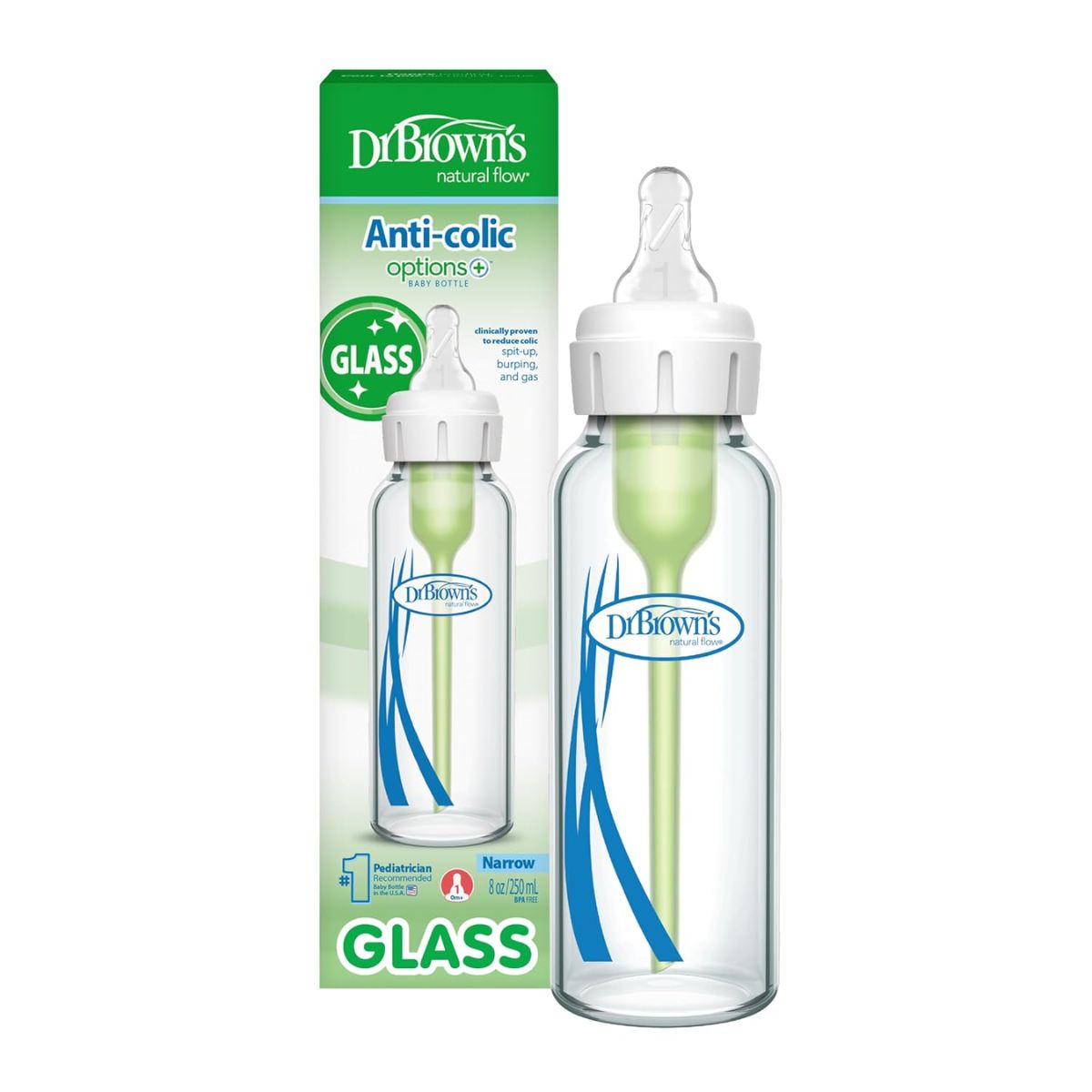 Mamadeira de Vidro Dr. Brown’s Natural Flow Anti-Colic Options+ 250ML on Luna Baby Store Miami
