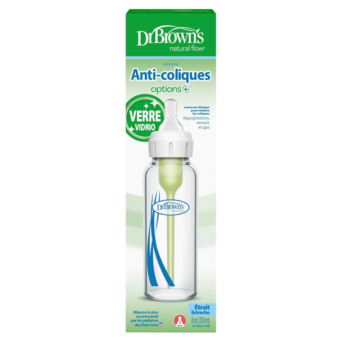 Mamadeira de Vidro Dr. Brown’s Natural Flow Anti-Colic Options+ 250ML