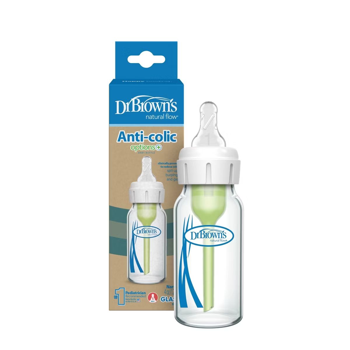 Dr. Brown’s Options+ Anti-Colic Narrow Glass Baby Bottle 4oz on Luna Baby Store Miami